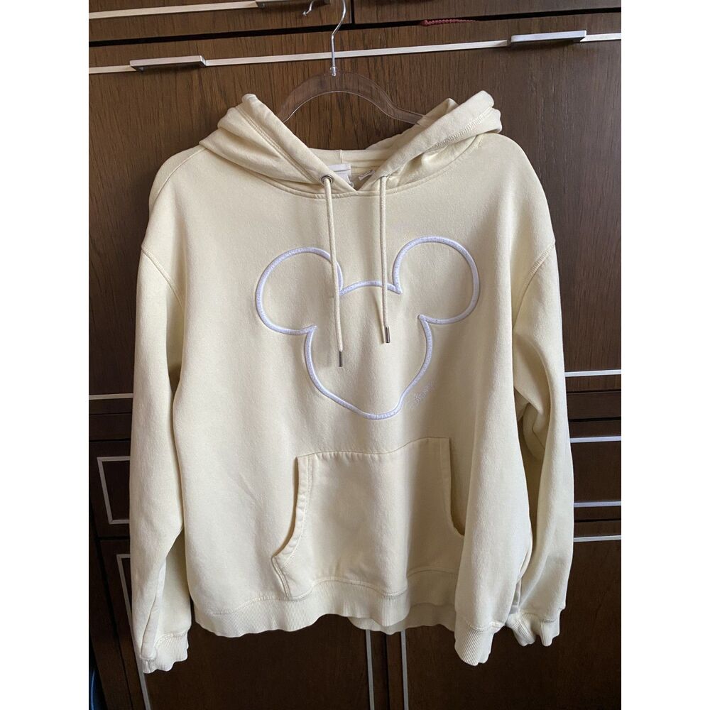 H&M x Disney Mickey Mouse Pullover Hoodie in Pale Yellow White Women's XL